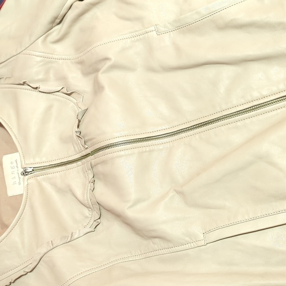 Hinge Designed in Seattle Taupe buttery soft leather jacket ruffle trim sz L - Picture 5 of 13